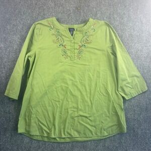 Basic Editions Womens Lime Green Paisley Embroidered Henley Blouse 3/4 Sleeve L